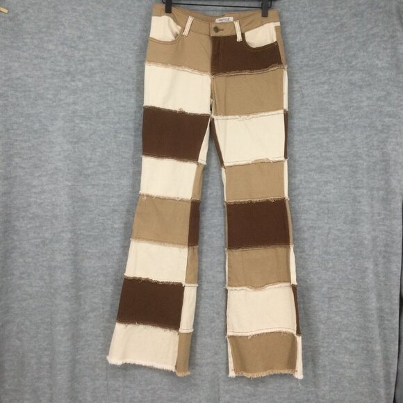 Machine Jeans 7 Flare Patch Brown Colorblock Y2K 90s Bell Bottom Boho - Picture 1 of 15